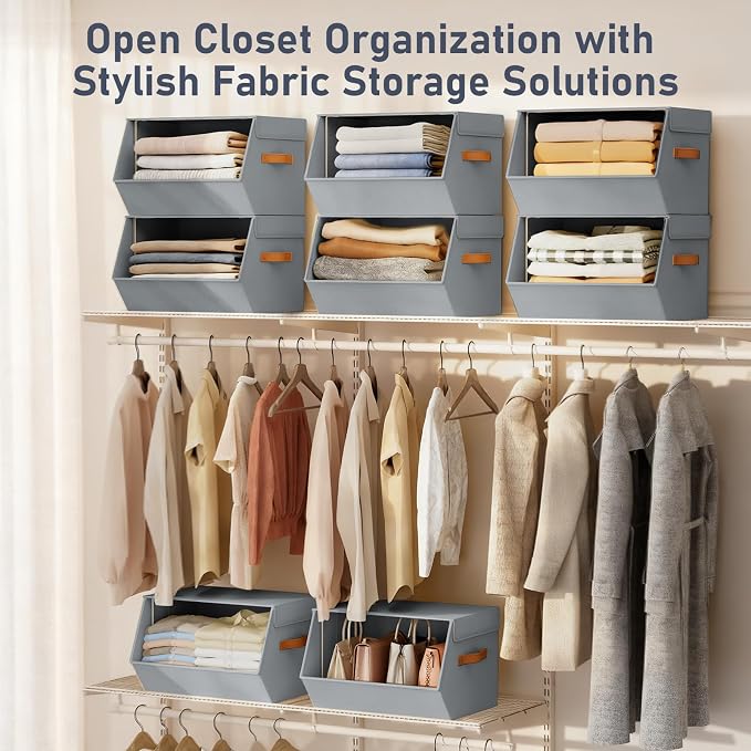 Stackable Closet Organizers and Storage Bins, Open Front Closet Shelf Organizer System With Steel Frame, Clothes Storage Basket Fabric, Collapsible Closet Drawers for Wardrobe, Nursery ,Toy, 4 Pack