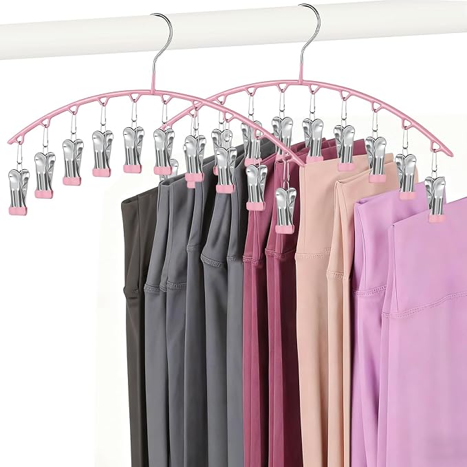 Legging Hangers for Closet Organizer, Hat Hangers for Closet 2 Pack with 10 Clips Holds 20 Leggings, Legging Hanger, Pants Storage Organizer Suitable for Socks, Panties, Underwear, Pants (Pink)