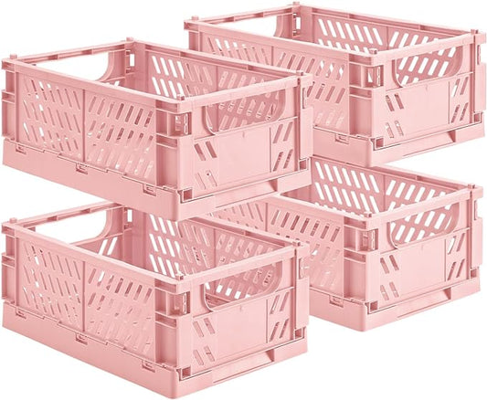 HUUSMOT 4-Pack Collapsible Plastic Storage Baskets, Pink, 9.8"x6.5"x3.8" | Pastel, Space-Saving, Collapsible Plastic Bins, Cute Mini Storage Crates, for Classroom, Kitchen, Office, Bedroom