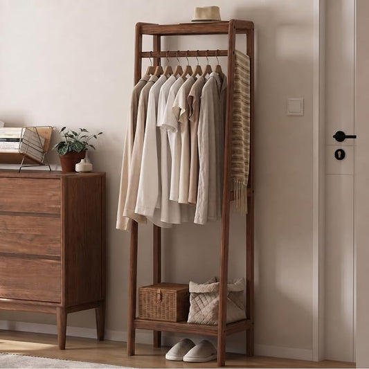 Solid Wood Clothes Rack, Clothing Rack with 2 Shelves Storage, Floor-Standing Coat Rack for Bedroom, Living Room, 16" x 20" x 63",Entryway,Walnut