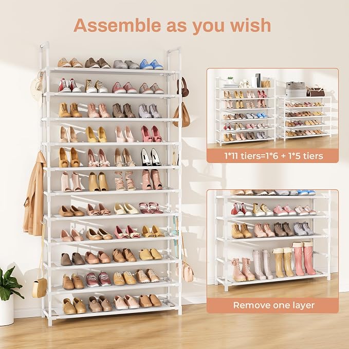 LANTEFUL 11 Tiers Tall Shoe Rack Holds 55 Pairs of Shoes with 18pcs Hooks Sturdy Wide Shoe Organizer Storage Free Standing Metal Shoe Shelf for Closet, Entryway White