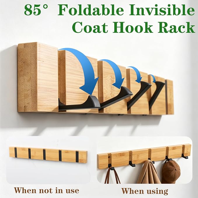 Wall Mounted Coat Rack, Heavy Duty Folding Coat Hooks Wood Retractable Wall Hooks for Hanging Purse Clothes Keys, Towel Hooks Rack for Bathroom Wall Coat Hanger for Entryway (5 Hooks,Nature)