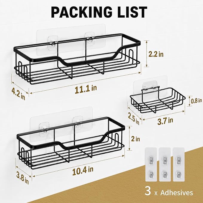 OMAIRA 3-Pack Shower Caddy with Soap Holder, Adhesive Rustproof No-drill Strudy Loading Inside Shower Organizer Shelves Rack Storage Bathroom Organization for Smooth Wall Glass Tile, Black (X-Large)
