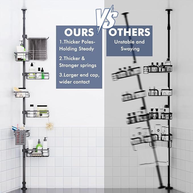 Shower Caddy Organizer Tension Pole, Rustproof 6-Pack Corner Shelf with 30-120 Inch Adjustable Shower Rack for Inside Shower, Extra Towel Bar & Soap Dish for Bathroom Organizers and Storage, Black