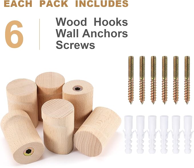 bsdonte Wood Wall Hooks 6 Pack, Natural Wooden Coat Hooks Wall Mounted, Handmade Rustic Hat Hooks Heavy Duty Entryway Wall Hangers for Hanging Towels, Clothes, Bags (Beech Wood)