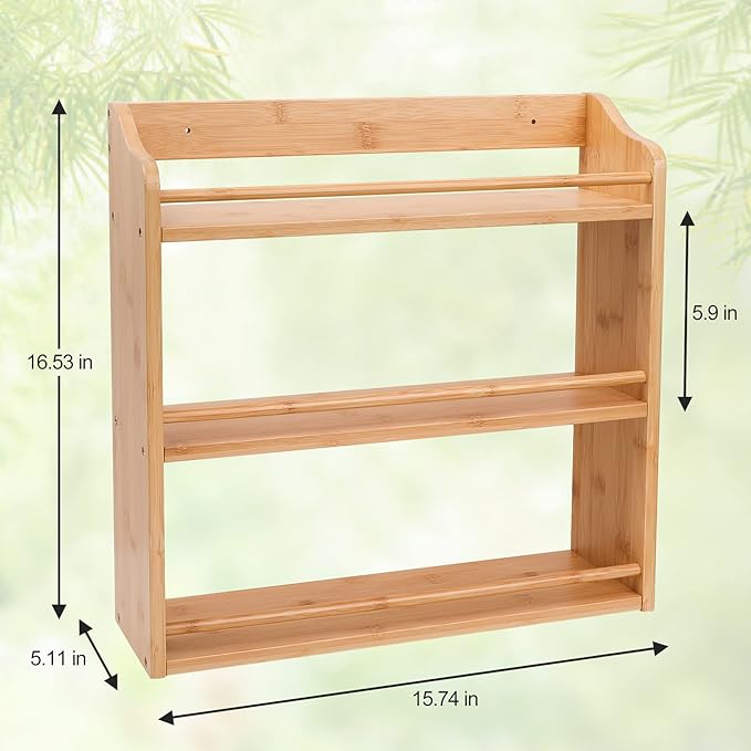 3 Tier Bamboo Spice Rack Wall Mount or Countertop,Spice Organizer | Seasoning Jars Rack Spice Shelf Organizer for Kitchen Counter or Wall Mounting