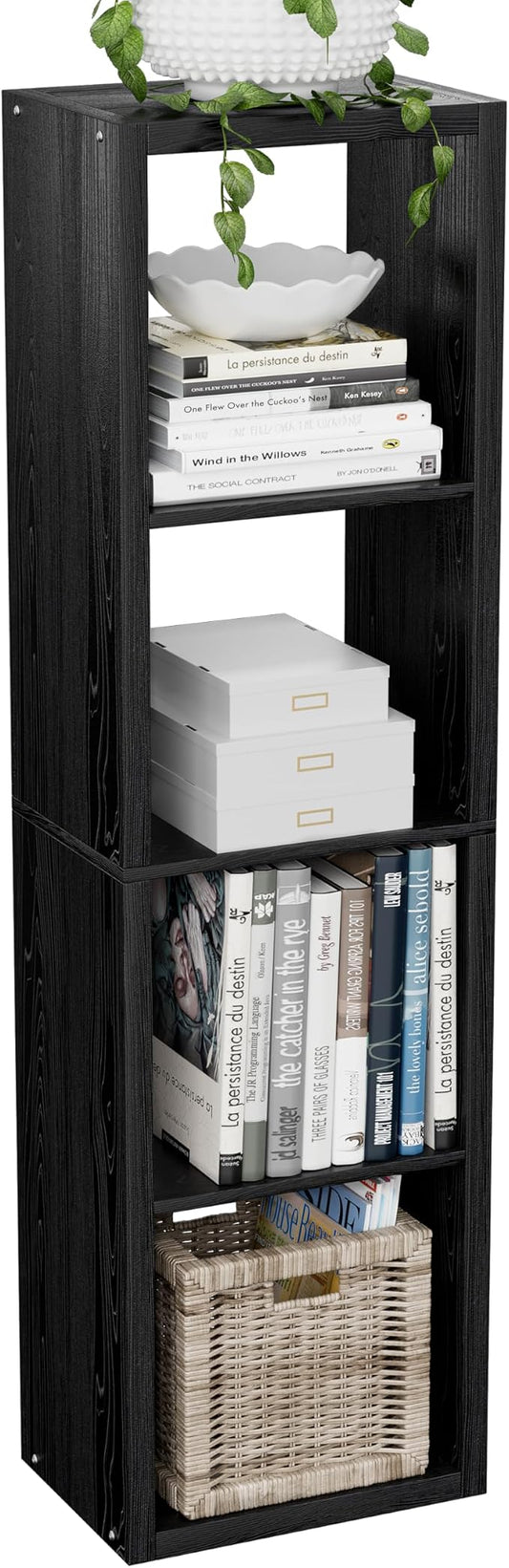 VDNEND Cube Storage Organizer Bookcase, Small 4 Tier 11 inch Open Back Cubical Shelf with Thickened Border, Display Bookshelf for Living Room, Home Office, Sturdy Room (Black, 4 Cube,Vertical)