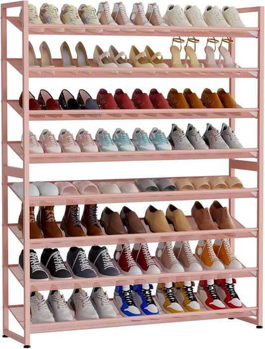Large Shoe Rack 8 Tier Shoe Organizer, Heavy Duty Metal 4-Tier Stackable Shoe Storage Vertical Shoe Rack for Closet Front Door Entrance, Up to 50 Pairs, 44.8" W x 11.4" D x 56.7" H, Pink