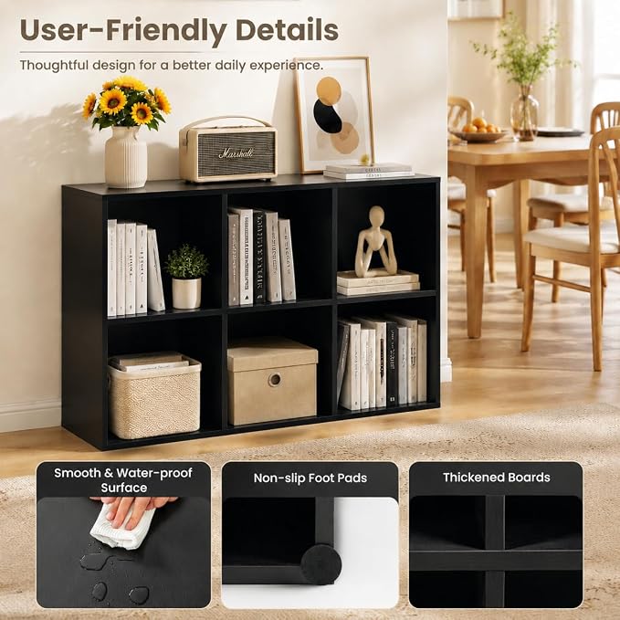 POWERSTONE 6 Cube Storage Organizer, Open Cube Bookshelf with Back Panels, Modern Display Cubby Bookcase for Bedroom Living Room Home Office, Black