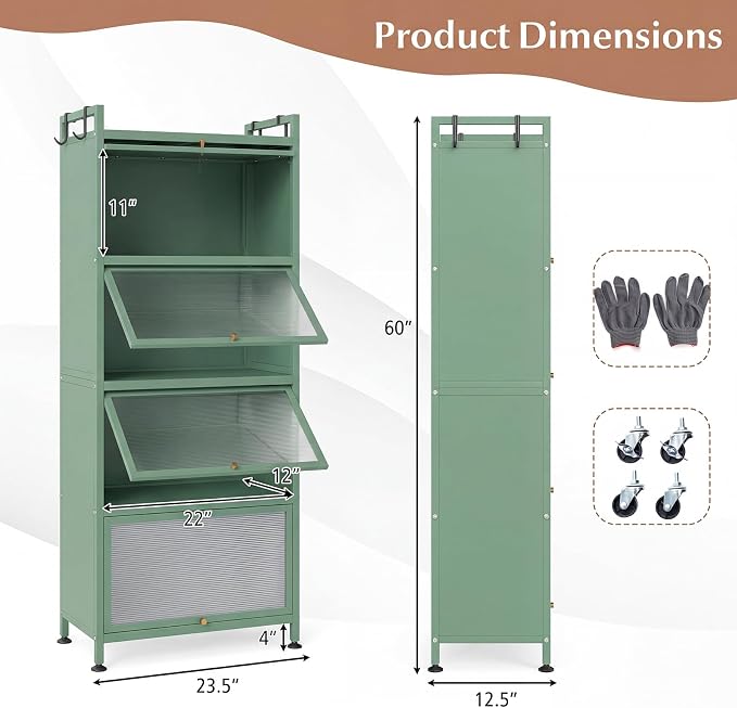 Giantex 5-Tier Kitchen Storage Cabinet, Freestanding Metal Pantry Cabinet w/ 4 Flip-up PC Doors, 4 Hooks & Adjustable Feet, 60” Tall Bakers Rack Microwave Stand for Dining Room, Living Room, Green