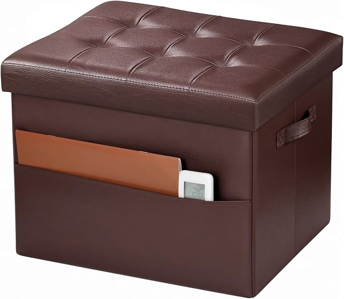 Bsketa Storage Ottoman Bench,17 Inch Folding Leather Foot Rest Stool, Brown | Small Ottoman with Side Pockets, Thicker Foam Padded Seat, Livingroom, Dorm, Bedroom, Easy to install, 43L,17x13x13in