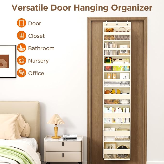 Mefirt Over The Door Organizer, 8 Shelf Door Hanging Organizers with 8 Large Capacity Pockets, Back of Door Organizer Storage Hanging Shelves for Closet Bathroom Bedroom Nursery