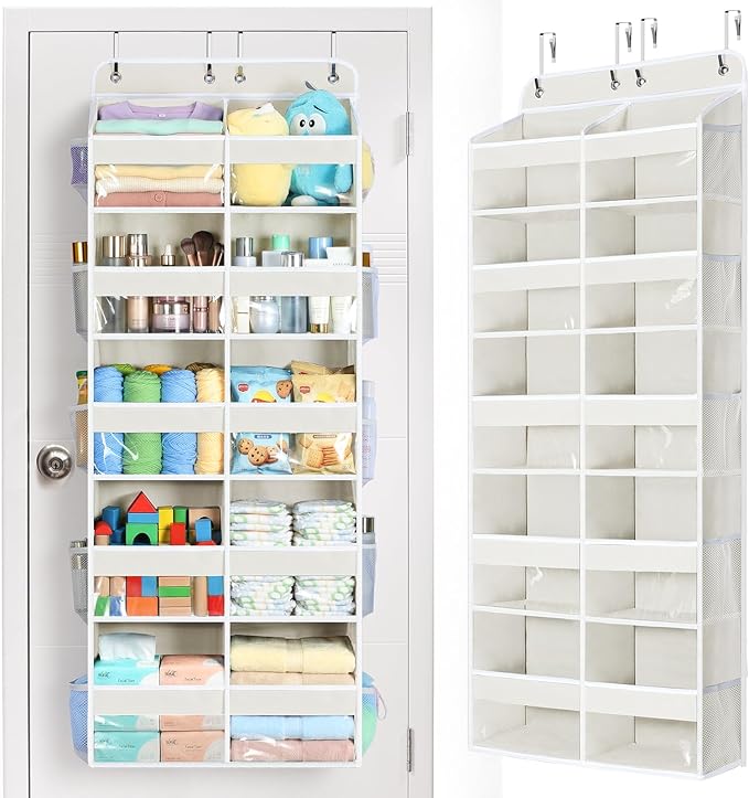 Yecaye Over The Door Organizer, 5 Tier Extra Large Behind Door Storage of 10 Compartments, 80lbs Heavy Duty Door Organizer Hanging with Clear Window for Closet Bedroom Pantry Bathroom, Beige