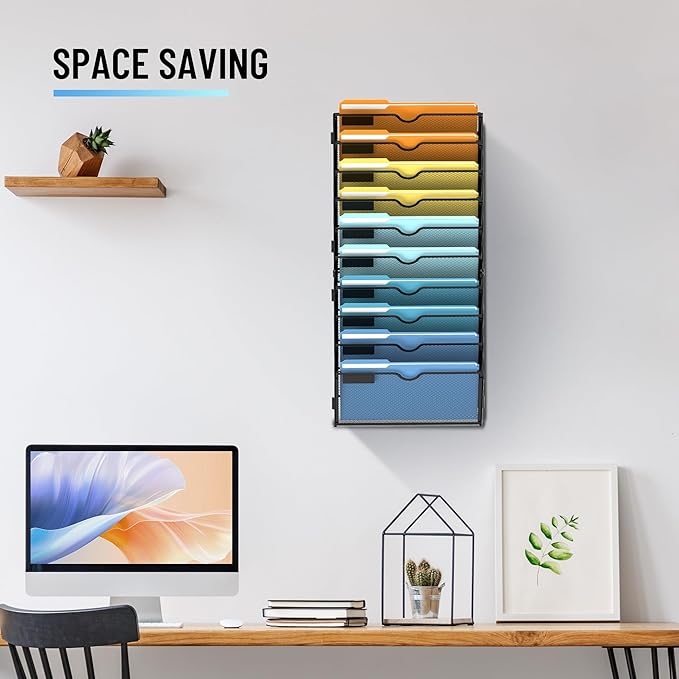 SUPEASY 10-Tier Hanging Wall File Organizer with Hooks, 2 Pack | Mesh Wall File Holder, Mail Organizer Wall Mounted for Papers, Documents, Folders and Magazines in Home Office, Classroom