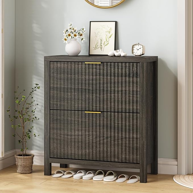 Fluted Shoe Cabinet Storage with 2 Flip Drawers for Entryway, Hallway | Narrow Shoe Rack Freestanding Shoe Organizer with Legs for Entryway，Hallway, Dark Gray