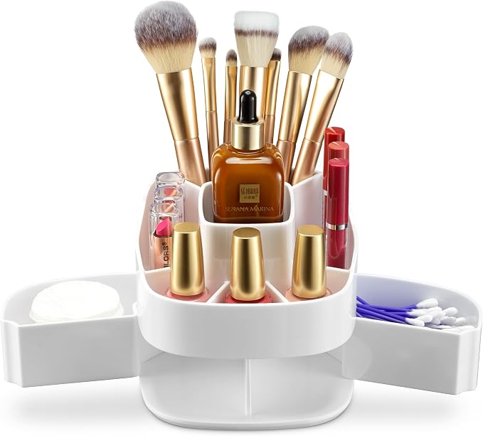 Masirs 360° Rotating Makeup Organizer – Small Acrylic Cosmetic Storage Caddy, 5 Compartments, Mini Lazy Susan for Vanity, Bathroom, Skincare, Brushes & Lipsticks, Square White