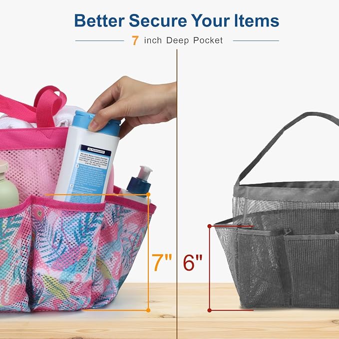 Mesh Shower Caddy Portable - 8 Pockets, S-Hook, Shower Bag for Dorm Camping | 2-Handle, Quick-Dry, Toiletry Organizer, College Dorm Room Essentials for Girls, Gym, Travel & Bathroom, Pink Flamingo