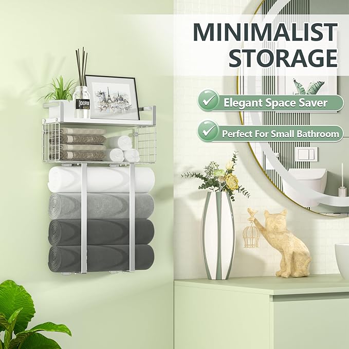 Towel Racks for Bathroom, Bathroom Shelf Over Toilet,Floating Shelves with Towel Rack Paper Holder Storage Basket,Floating Shelves for Wall Decor,Silver
