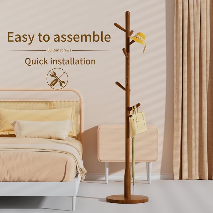 Solid Wood Round Base Coat Rack, Free Standing Hall Coat Tree with 8 Hooks（+2 spare for Coats, Hats, Bags, Purses, for Entryway, Hallway, Rubberwood Hooks,Base and Pole(Round Base,Brown)