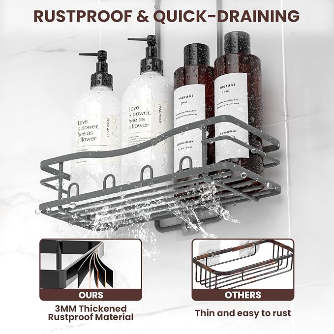 Rustproof Shower Caddy Hanging with Soap Holders for Bathroom, Grey | Shower Organizer with Multi Hooks Toothbrush Holder, No Drilling, Anti-Swing, Storage for Shampoo Conditioner Body Wash