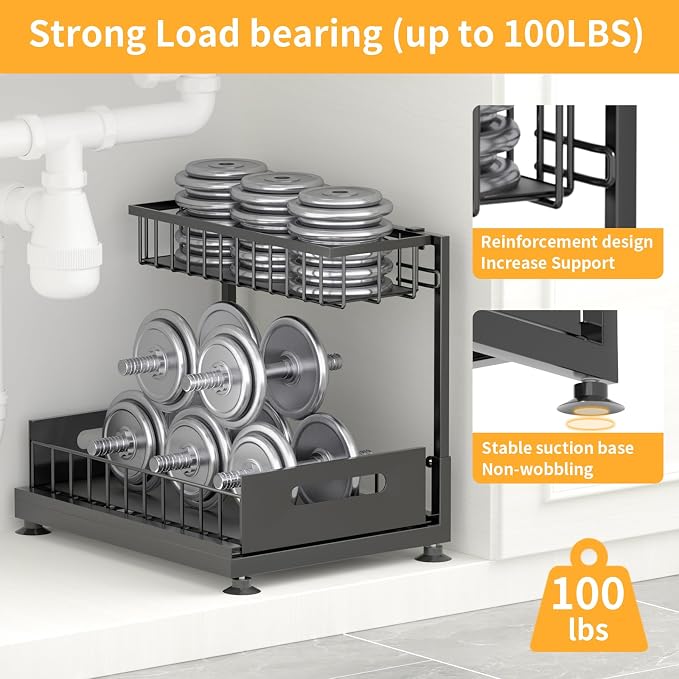 Saydear 2-Pack L-Shaped Under Sink Organizer, 2-Tier Pull-out Cabinet Rack | Black Height-Adjustable Steel Rack, Sliding Grid Drawers with PP Liners, Holds 100 Lbs, Suction Base, Ideal Kitchen Storage