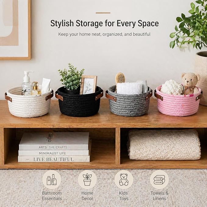 Small Woven Cotton Rope Basket with Leather Handle, Grey | Mini Round Storage Basket, Empty Gift Basket, Nursery Toy Organizer, Decorative Shelf Bin, Boho Room Decor