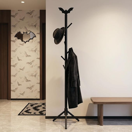 RattanView Wooden Bat Coat Rack Gothic Freestanding Coat Rack with 8 Hooks and 3 Adjustable Size Tree Racks for Hats Scarves Handbags Bedroom Hallway Entrance Office