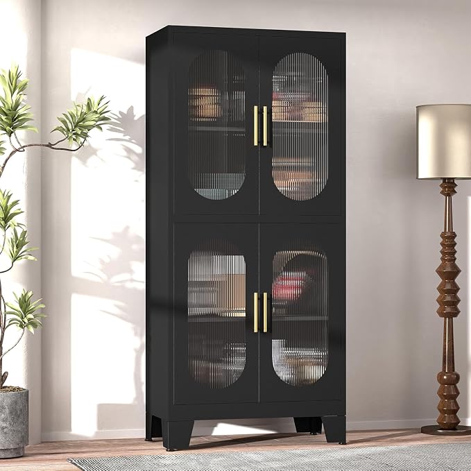 GAIOUS Black Kitchen Pantry Cabinet, Pantry Storage Cabinet with Acrylic Glass Doors and Adjustable Shelves, Tall Versatile Storage for Kitchen, Dining Room, Home Office and Bedroom
