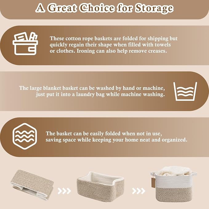 Goodpick Small Woven Rope Storage Basket, White & Camel Mix | 13 × 10 × 9 in, Cotton Rope, Reinforced Handles, Dog Toys, Books & Magazines Storage, Home Decor