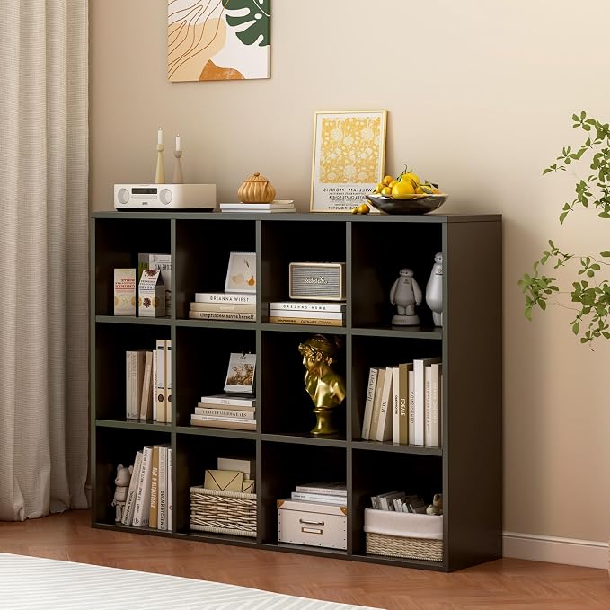 OSCHF 12-Cube Storage Shelf Bookcase, Black | Wooden 3-Tier Open Bookshelf, Fits 11×11" Bins, Vertical or Horizontal Use, Full Back Panels, For Home Office