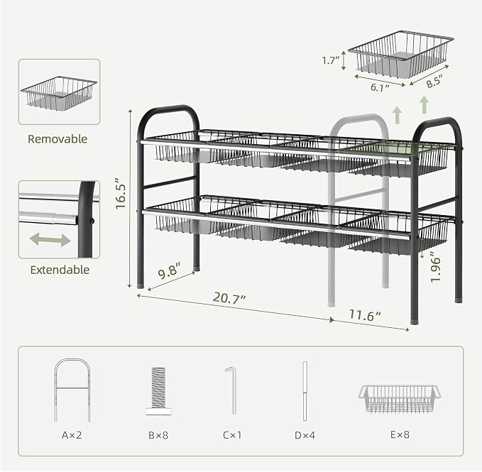 Under Sink Organizers and Storage,Expandable under cabinet organizer Shelf | 2 tier expandable shelf for kitchen and bathroom,8 Baskets,Adjustable partition height,20.7-32.3" W