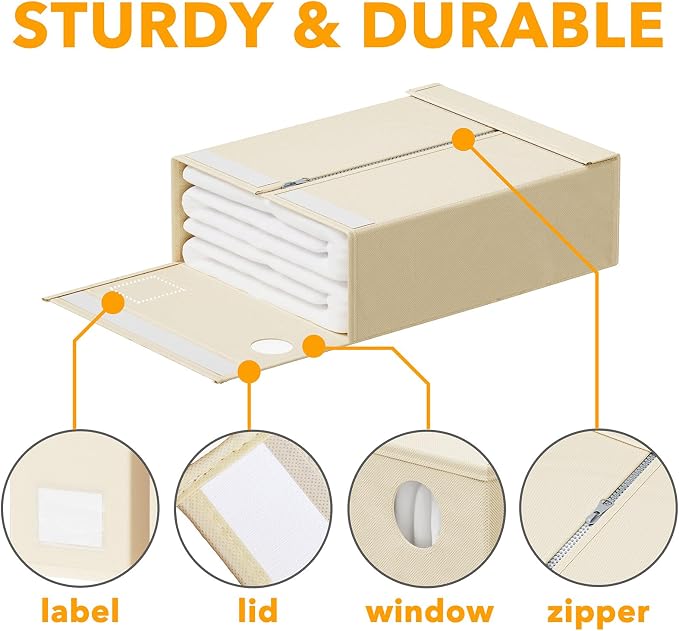 SpaceAid 10 Pack Bed Sheet Organizers and Storage, Foldable Sheet Organizer for Linen Closet, Sheets Set Folder Keeper with Window XL (Queen & King Size) Organizing Bedding Container, Beige