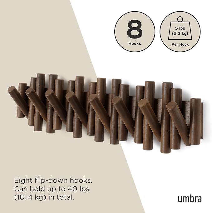 Umbra Picket Coat Rack, Wall Mount 8 Flip-Down Coat Hooks, Walnut | Beveled pine wood dowels, supports up to 5 lbs, mounting hardware included, space saving
