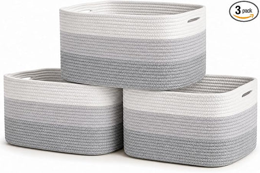 OrganiHaus Cotton Rope Baskets for Shelves, Set of 3, 15x9x10 | Handwoven; a toy bin and organizer for towels, books, or blankets; fits nursery, playroom, or bedroom decor