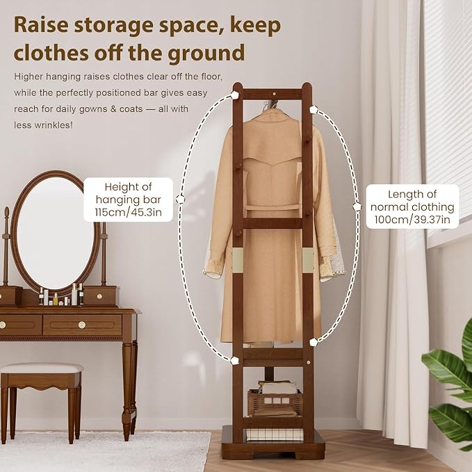Taitiy Coat Rack Solid Wood Hall Tree Storage 2 Shelves 5 Hooks | Entryway hallway bedroom, durable solid wood construction, freestanding storage design, coats hats bags wallets