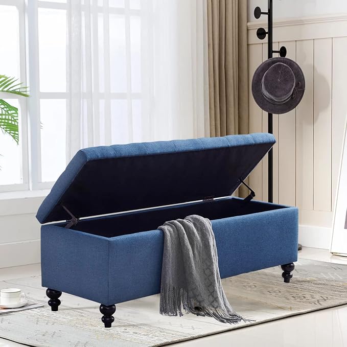 Storage Ottoman 50.2 Inches Upholstered Fabric Storage Ottoman Bench，Button Tufted Ottoman with Storage for Living Room，Bedroom End of Bed Bench Withstands 302lbs (Blue) | 47.2-inch storage ottoman with safety hinge, tufted upholstered seat and spaciou...