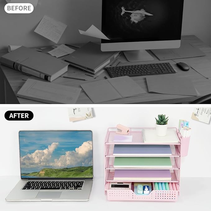 LEKETREE Desk Organizers and Accessories, 5-Tier Paper Letter Tray Organizer with Drawer & 2 Pen Holders, Desktop Organizer for Office Supplies (Pink)