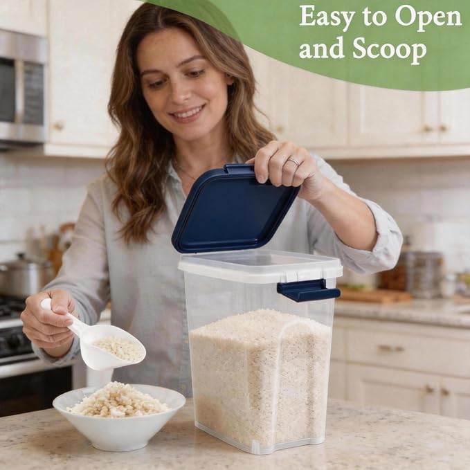 Tight-Lock Rice Container 10-15 Lbs, Airtight Flour Container Dry Food Bin | Plastic Food Container with Scoop, Dry Food Storage Bin Dispenser for Cereal, Sugar, Kitchen, Pantry Organizers and Storage