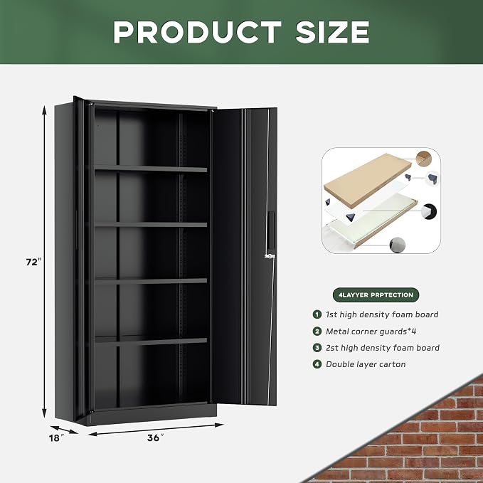 Greenvelly Metal Garage Storage Cabinet, 72” Lockable Storage Cabinet with Adjustable Shelves, Steel Tool Cabinets, Black Metal File Cabinet for Home Office, Garage, School, Classroom(36" W x 18" D)