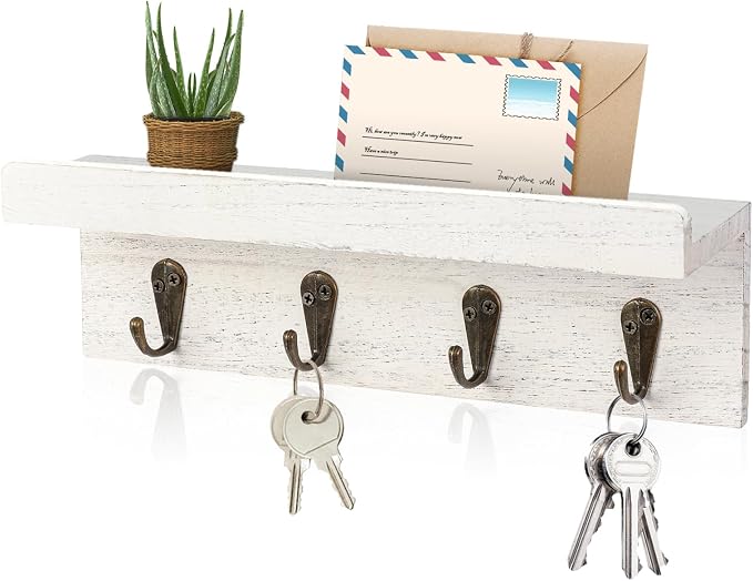 HRONRAD Rustic Key Holder for Wall, Farmhouse Wall Shelf with 4 Hooks, Wall Mounted Key Racks, Wooden Mail Organizer with Hooks for Entryway (White)