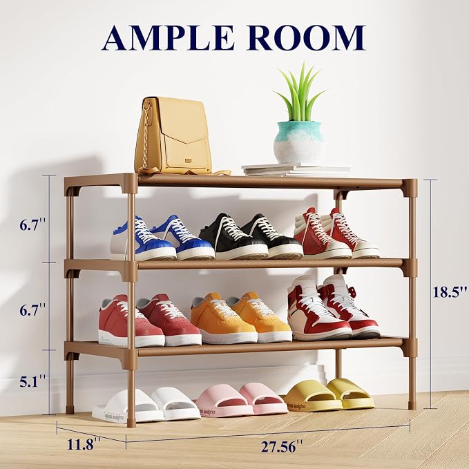Kitsure Shoe Rack - Non-Woven Shoe Rack Shelf, 27.5" Wide - 3 Tier, Brown | Shoe Organizer for Closet, Entryway, Garage, Stackable Shoe Shelves, college dorm&apartment essentials