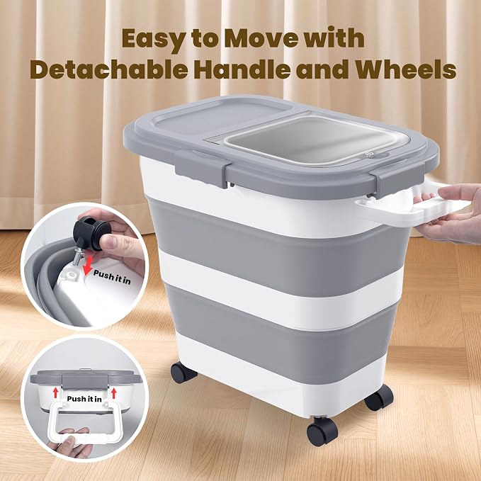 HOYTAMDA 25-35Lbs Rice Container,Collapsible Food Storage Container Wheels | Rice Storage Container with Airtight Locking Lid,Handle,Small Bin &Scoop,Rice Dispenser for Flour Sugar Cereal Grain Dog Cat