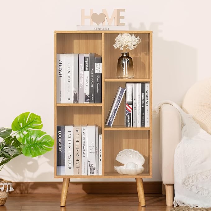 LEYAOYAO 5 Cube Bookshelf, Mid-Century Modern Book Shelf with Legs, Natural | 3 Tier Bookcase, Rustic Wood Bookshelves Freestanding Small Storage Organizer, Open Shelves for Bedroom, Living Room, Office