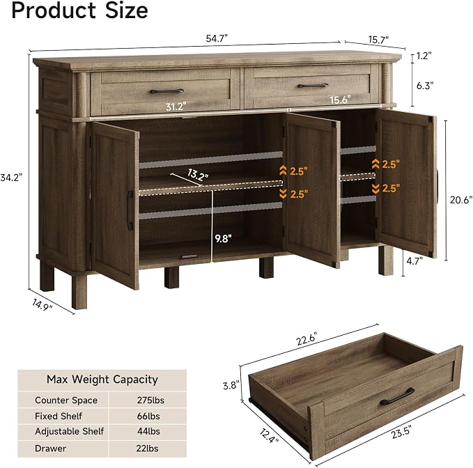 55 Inch Buffet Cabinet with Storage, Farmhouse Sideboard Buffet w/2 Drawers and 3 Doors, Coffee Bar Cabinet with Adjustable Shelves, Sideboard Storage for Kitchen, Living Room, Washed Grey