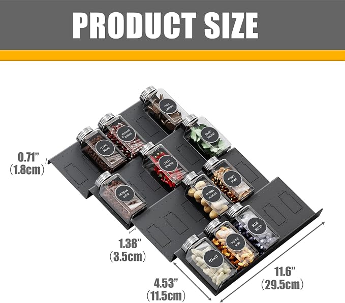 Famhap Spice Drawer Organizer Expandable 4 Tier for 11.6"-23.2" Wide Drawer | Durable Plastic, Slanted Seasoning Drawer Organizer, Use for Kitchen Spices Cosmetics