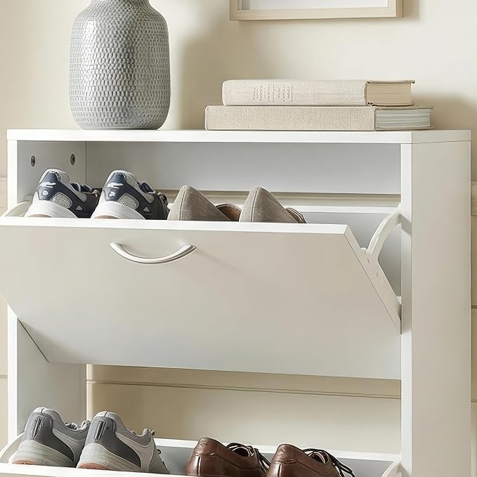 HOPUBUY Shoe Cabinet for Entryway, Narrow Shoe Storage with 3 Flip Drawers | Wood Slim Shoe Rack, 3 Tier Thin Shoe Organizer for Home and Apartment,White