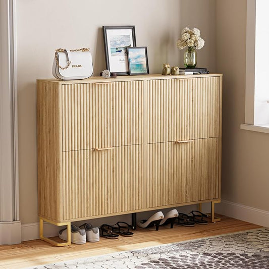 Fluted Shoe Cabinet Storage with 4 Flip Drawers, Wood Narrow Hidden Shoe Cabinet with Metal Legs & Adjustable 2 Tier Shelf for Entryway, Freestanding Slim Shoe Rack Organizer for Hallway Living Room
