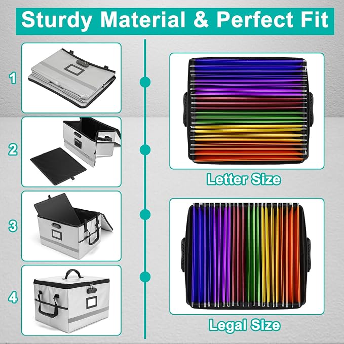 EXLIFBAG File Organizer, Fireproof File Box with Lids, Important Document Organizer Box with Lock, Portable File Folder Organizer with Handle