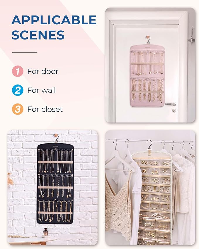 BAGSMART Hanging Jewelry Organizer, Necklace Holder Anti-tangle with 20 Jewelry Storage,1 Piece, Large Beige