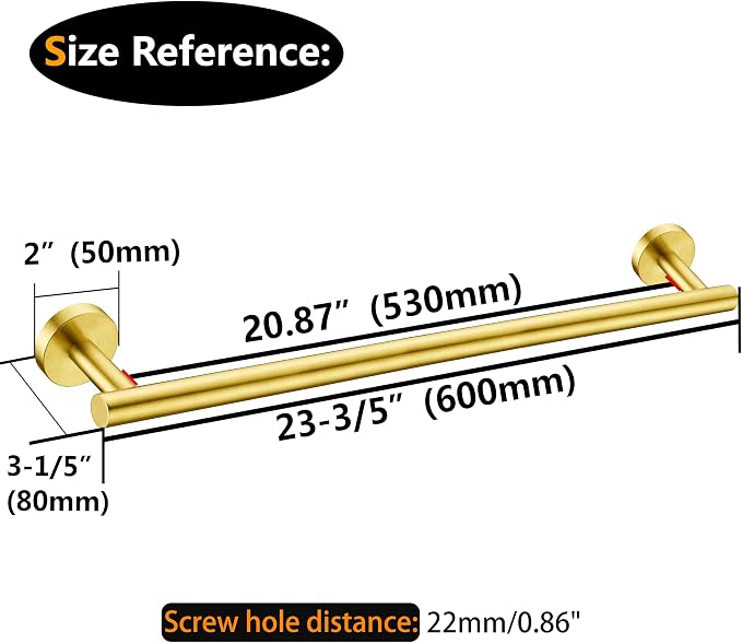 Nolimas Brushed Gold Bath Hand Towel Bar Single Bars Towel Rack Rod Classic Wall Mounted Stainless Steel Bathroom Towel Bar Toilet Kitchen Towel Shelf Single Layer,24inch